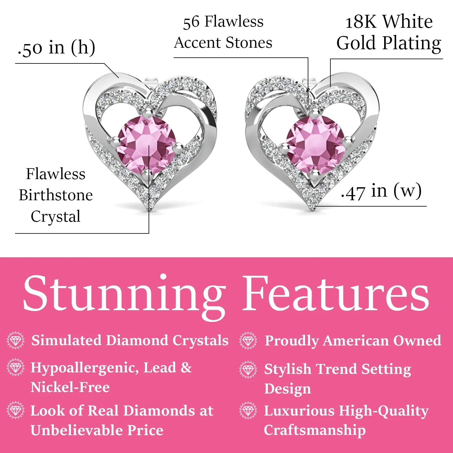 Forever 18k White Gold Plated Birthstone Double Heart Earrings with Crystals