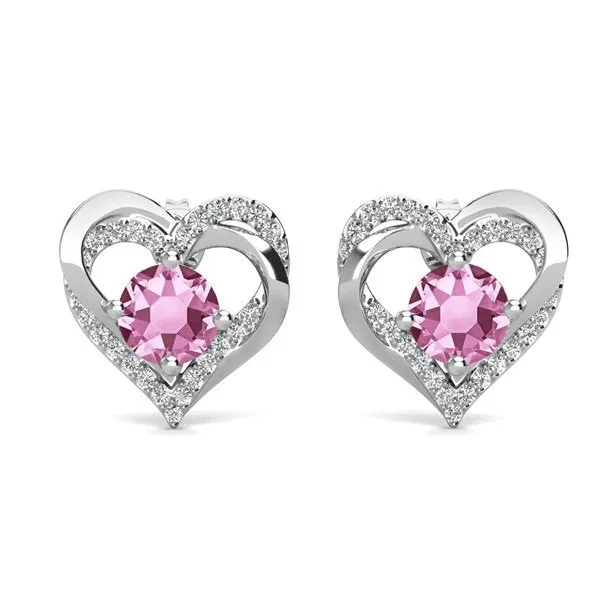 Forever 18k White Gold Plated Birthstone Double Heart Earrings with Crystals