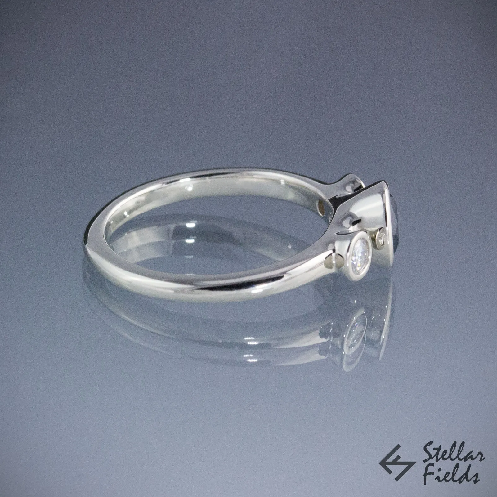 Three Stone Ring Bezel Engagement Ring Forever One Moissanite Cornflower Blue Sapphire